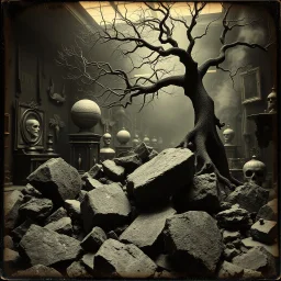 photo, 1920 horror movieshot, rocks, very odd objects in background, Ades, Charon, tenebroso, macabro, marcio, interno museo, hypermaximalist, odd, intricate, Lawrence Alma-Tadema style, albero, hypnotic, eerily mysterious, artistic photo, shot on, follia, smoke, daguerrotype