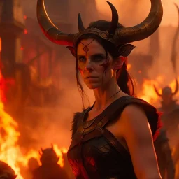 a dark haired tiefling woman with horns in a sleeveless battle outfit, a face like emma watson, amidst town ruins with fires burning, photo quality