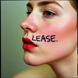 photograph, 'PLEASE' written on a cheek, in the style of photographer Charlotte Abramow