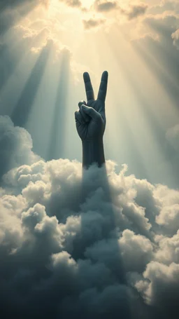 A victory sign hand above swirling clouds, emerges from the heart of a raging storm. Turbulent winds of steam swirl around the iconic structure, lit by shafts of sunlight that cast dramatic shadows on the A large victory sign hand in the clouds , High quality 16k cinematic scene and great photography