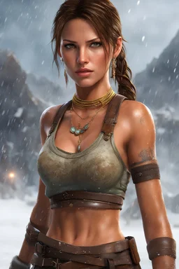 Photorealistic close-up full body digital image of young Lara Croft, tanned skin, ear and stomach piercing and necklace and bracelets, holding a banner, 8K UHD, snow storm in the background, looking at camera, freckles, rim lighting, studio lighting, high detailed skin, skin pores, ultra quality