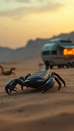 A zoom in Scorpion and in the background realistic photo of a landscape covered in sands that looks futuristic with futuristic lighting , a caravan from the “Breaking Bad” episodes