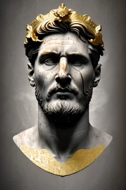 Ultra Realistic image, Roman sculpture, white marble material, Lionel Messi, gold Laurel leaves wreath, renaissance ornaments, one gold star in heart, marble and gold ornaments background, chisel style, waist up portrait, emperor style, epic, celestial, cinematic lighting, God light, god rays, 4k resolution, smooth details, ornate details, soft lighting, unreal engine 5, art station, substance 3d.