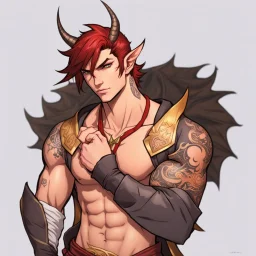 A Young Adult Male. A unique blend of Wood Elf and Red Tiefling features. His handsome face contrasts with the Yakuza dragon tattoos that completly cover his back, arms, and legs. He is wearing a torn coat. A physique that is strong and well-built, resembling a Fighter.