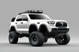 In 3d Mikros animation style. Generate an image of an off-road modified 2019 Toyota Tacoma but It's in the color of White. It has some gear like it was made to drive on Dino Island. Show the vehicle on a neutral grey background and like a turnaround.