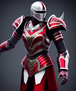 Female wearing White and red armour ,Eerie, otherworldly, magnificent, majestic, highly intricate, Realistic photography, incredibly detailed, ultra high resolution, 8k, complex 3d render, cinema 4d.