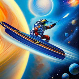 close up astronaut surfing in Jupiter waves, art style by Bryen Frost inspired by Marta Vilarinho de Freitas, focus on subject, flat, vector illustration, urban sketch expressionist style oil painting, smooth post-impressionist impasto acrylic painting, thick layers of colourful textured paint futuristic futurism noir