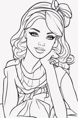 outline art for kids barbie coloring pages with barbie sitting , no background, sketch style, full body, only use outline, mandala style, clean line art, white background, no shadows and clear and well outlined. should look exactly like barbie