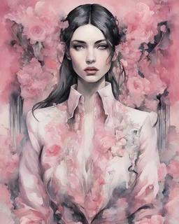 Mystic Aubrey Beardsley style watercolor style suspense builds as they bypass security protocols and uncover classified information, revealing the depth of the conspiracy Alexandra "Sasha" Aleksejevna Luss Megan Fox Punk pink modern leather sofa watercolor style Virtual Infiltration: In a virtual reality simulation, the hacker infiltrates the government’s encrypted database, surrounded by streams of data and digital interfaces. Suspense builds as they bypass securi
