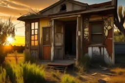 abandonaded house, near little road, break windows, wooden door, graffiti on facade, sunset