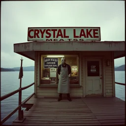 horror movie still, grainy color photography, faded colors, nihilistic, text "CRYSTAL LAKE MEATS" sign on a dilapidated butcher shop on a pier of a lake, foreboding, Jason Vorhees wearing a hockey mask and a butcher's apron standing in shop window, dramatic