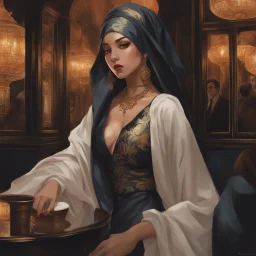 dark art about a muslim female who is conflicted about her desires, dresses in a revealig way when she sneaks out at night and goes to the club with the men, anime aesthetic, highly detailed, sharp, sharp focus, illustration, in the style of studio ghibli, j, c, leyendecker, artgerm,