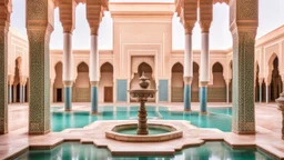 a pool surrounded by arches and palm trees, arabic architecture, moorish architecture, moroccan mosque, islamic architecture, a pool inside the giant palace, ornate palace made of green, morocco, fountains and arches, stunning grand architecture, mediterranean architecture, moroccan city, marrakech, ornate retreat, futuristic palace, architectural digest photo, gorgeous buildings, stunning architecture, ornate architecture