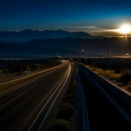 night time, a lonely highway, leading to a beautiful city in the distance. Behind the city is a mountain range with the sun rising