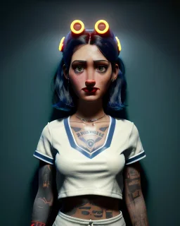 Waist up portrait, hybrid character, waitress British woman with classic muppet mask that covers her entire head and face, Sesame Street style, latex dress, short shirt, old school tattoo, hot, smooth, unreal engine 5, god lights, ray tracing, neon, RTX, lumen lighting, ultra detail, volumetric lighting, 3d.