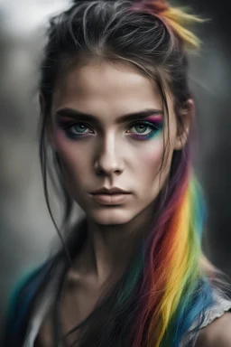 Photoreal gorgeous shot of beautiful girl with multi-colored eyes, warrior, strong, sad, resilient, vivid vertical rainbow on left side only forehead from hairline to eyebrow, long black tears below both eyes, full body, forgotten realms fantasy style by lee jeffries, otherworldly creature, in the style of fantasy movies, shot on Hasselblad h6d-400c, zeiss prime lens, bokeh like f/0.8, tilt-shift lens, 8k, high detail, smooth render, unreal engine 5, cinema 4d, HDR, dust effect, vivid color