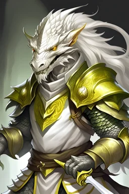 A white dragonborn, with yellow eyes and long curly white hair wielding a two handed greatsword