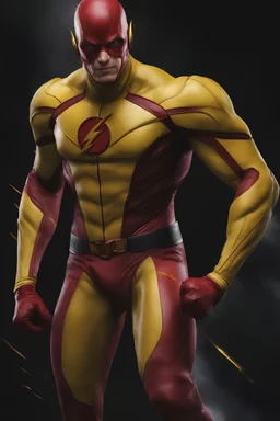 the Reverse Flash with yellow Flash suit, red boots, red belt, red wrist gauntlets, reversed red and black chest logo, extremely exaggerated muscular stature, posing for the cameras, Professional Quality 35mm Photograph, 4k UHD, hyper-realistic, Photorealistic, extremely detailed, High resolution