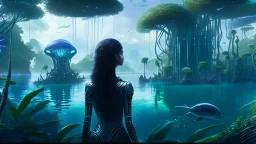 Detailed matte painting of a wide-angle shot of a woman, standing on the left side of the shot, with dark hair in a silver robotic catsuit, many large floating jellyfish with octopus tentacles, alien jungle trees in the distance, with an alien beach and lake