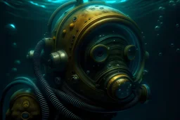 a fish swimming inside of the deep sea diving helmet with the fishman diver making funny faces, hyper photorealistic, hyper detailed realistic art color, high resolution, fog, octane render, tilt shift, HDRI Environment