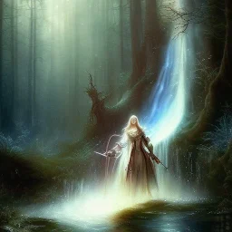 romantic fantasy spray painting, william Turner, watercolor, dark robed poet playing lute for an elf in magical winding forest, tall slender vampire in waterfall, movie poster