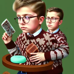 peter billingsley chubby kid with glasses, gripping a single ((Dark red))soap bar, ((brown))argyle sweater