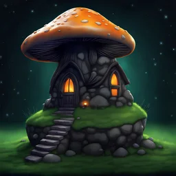 in deep dark starry outer space (black): a short lumpy mushroom house ( orange white ), sits on a freely floating green grass island ). the island is simple, triangular, with a dirt bottom. Detailed gloss Painting, rich color, fantastical, intricate detail, splash screen, hyperdetailed, insane depth, concept art, 8k resolution, trending on artstation