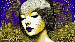 art illustration in the style of Yayoi Kusama, shimmering glow background, hazy face in the mist foreground, burnished gold, royal purple, brilliant white