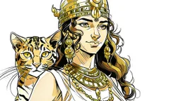 Illustrate a girl with a cat-like face and Cleopatra-style attire against a white background, using a Paleolithic art style.