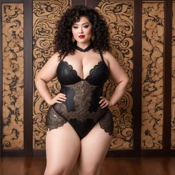 A plump brunette woman with curly hair in black leotard: wide lace undies. She is playing with a large Chinese traditional dragon costume., in front of wood paneling.