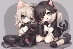 cute chibi photographer cat taking photos about a sexy cat girl