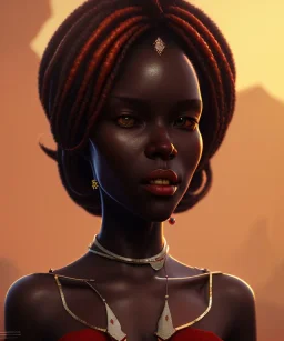 Negra Francisca, cute, beautiful, African, red dress, head and shoulders portrait, 8k resolution concept art portrait by Greg Rutkowski, Unreal Engine 5 volumetric lighting, long hair, brown eyes, black hair, clean face