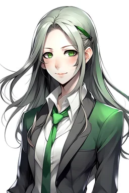 Androgenous pretty and cool human, (masterpiece), (long Titanium colored hair), ((dark-green eyes)), pale skin, student uniform, shot against white background