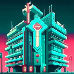 cyberpunk retro futuristic hospital building with cross sign for comics