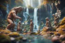 archeologists discovering woodland creatures in Rivendell worshipping big fat alien statues and idols, on a strange planet with weird colors and waterfalls, bokeh like f/0.8, tilt-shift lens 8k, high detail, smooth render, down-light, unreal engine, prize winning