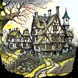 in the style of Arthur Rackham and Van Gogh, zentangle country side village, fantastical surrealistic, elegant, beautiful high definition fine 3D line art, watercolor ink and pen, extremely detailed, intricate, elaborate, HDR, beautiful, award winning, fantastic view, muted colours, fantasy, crisp quality