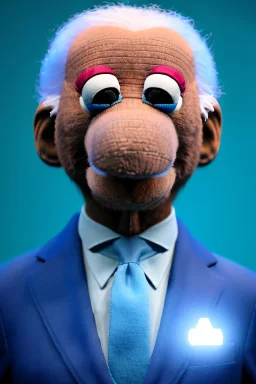 Waist up muppet Portrait, joe Biden as muppet doll, Blue suit retro style, photo studio, blue background, unreal engine 5, concept art, art station, god lights, ray tracing, RTX, lumen lighting, ultra detail, volumetric lighting, 3d.