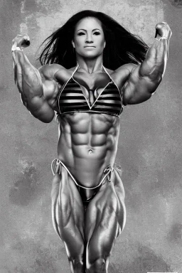 Female bodybuilder in an undersized bikini double-sided movie poster Sunrise Rule of Thirds Street Art Symmetrical on silver paper