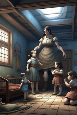a giant woman protect 3 children, realistic style, interior of asylum