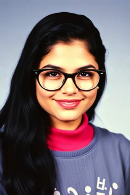 full color image, 1980's yearbook photo, girl, Selena Quintanilla, 24 years old, a sly, clever smile on her face, 1980's clothing and hair styles, 4k UHD, photorealistic, (big, full, plump, pouty lips:1.5) black hair, big cat-eye eyeglasses, full body, head to toe, full frontal