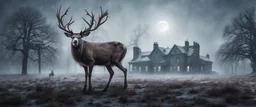 Hyper Realistic zombie reindeer on the field behind a huge dark mansion with dry old tree at a foggy snowfall night