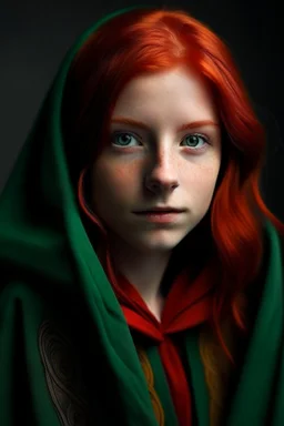 A girl with red hair and green eyes and she is wearing a Hogwarts robe