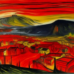A red town near a fiery volcano painted by Edvard Munch