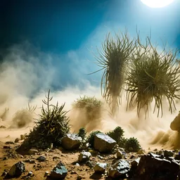 A striking quality Kodak photograph captures a wasteland with monsters and group of plants, creepy, details of the dust very accentuated, glossy organic mass, adorned with minerals and rocks. Bathed in intense light, eerie, Max Ernst style, blue sun, fog