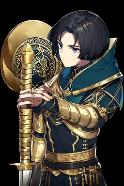 A handsome 30 year old knight, black hair, dark blue eyes, male bob haircut, in black-and-gold plate armor, golden katana in hands, no beard, european, portrait