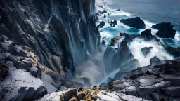 This mesmerizing ocean cliff scene captures the dramatic power and beauty of nature. Towering rugged cliffs stand majestically against the vast expanse of the ocean, where the water pours into a singular bottomless pit. The cliffs, with their sharp and jagged edges, create a stark contrast to the rough, flowing water, making the scene even more captivating. Sunlight pierces through the mist rising from the waterfalls, creating a magical, ethereal atmosphere