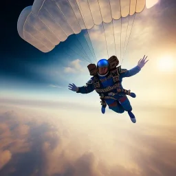 a lone skydiver at door of plane, ground and clouds below, 8k resolution, high-quality, fine-detail, iridescent, intricate, digital art, detailed matte, volumetric lighting, illustration, 3D octane render, brian froud, howard lyon, selina french, anna dittmann, annie stokes, lisa parker, greg rutowski, George Grie, Ben Goossens, Igor Morski