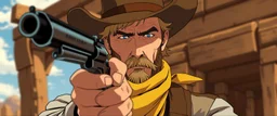 Magnus Carlson in the wild west looking cool with a revolver, anime style