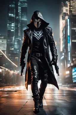 Full body,Half-cyborg demon male cyberpunk assassin wearing a metal mask, black jacket,walk in night city background