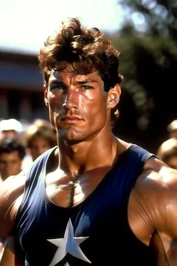 20-year-old, extremely muscular, short, curly, buzz-cut, military-style haircut, pitch black hair, Paul Stanley/Elvis Presley/Pierce Brosnan/Jon Bernthal/Sean Bean/Dolph Lundgren/Keanu Reeves/Patrick Swayze/ hybrid, as the extremely muscular Superhero "SUPERSONIC" in an original patriotic red, white and blue, "Supersonic" suit with an America Flag Cape,
